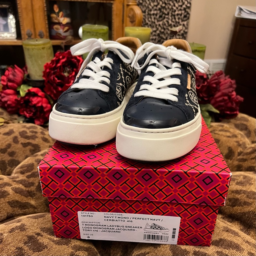 Tory Burch navy blue T monogram jacquard ladybug sneakers size 8. Worn once.